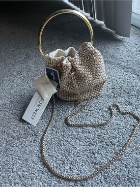 Gold Beaded Ring-Handle Bucket Bag by Madison West